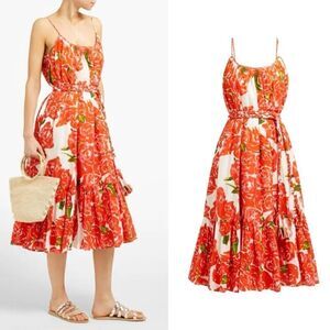 NEW RHODE  Lea Floral-Print Tiered Cotton-Poplin Dress in Red White roses